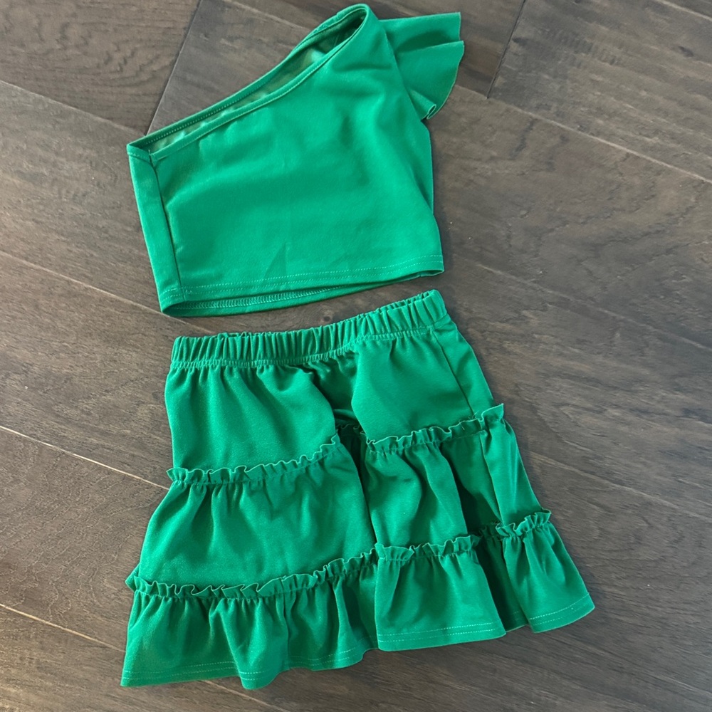 Green Two-Piece Ruffle Skirt Set